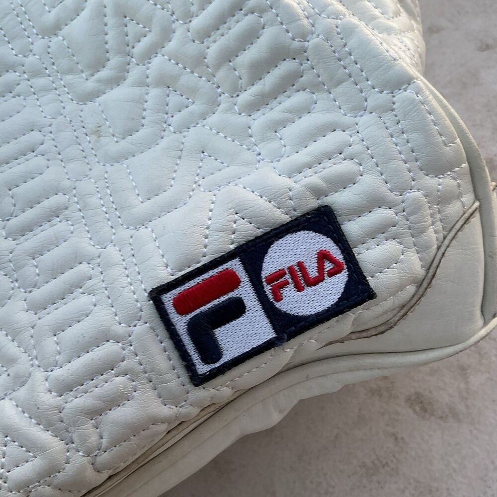 Vintage Fila White Monogram Quilted Shoulder Tote Bag Y2K Zip Top Purse